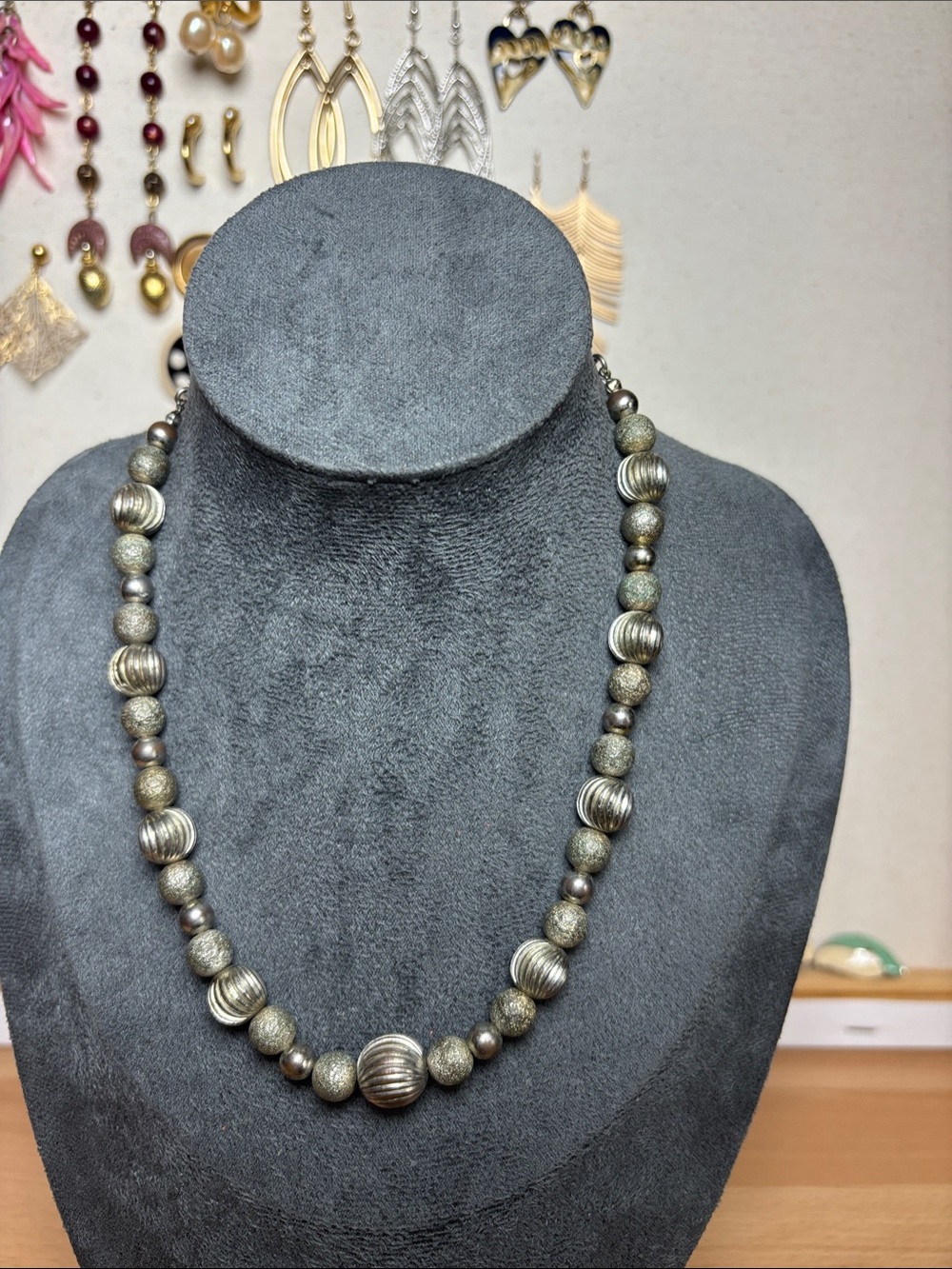 Monet Metallic Silver Ribbed Bead Necklace